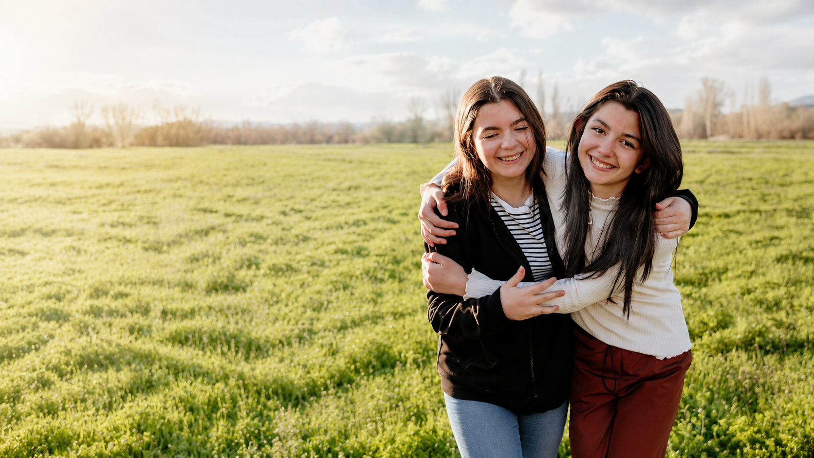 Dos jóvenes abrazándose en un campo, transmitiendo contención, cercanía y esperanza